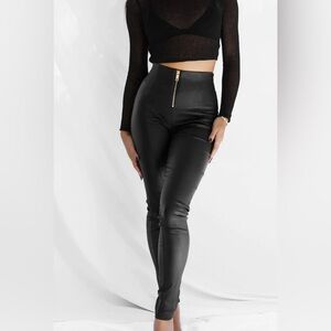 All Things Golden Black Satin Coated Skinny Fitted Front Gold Zip Pants NWT S